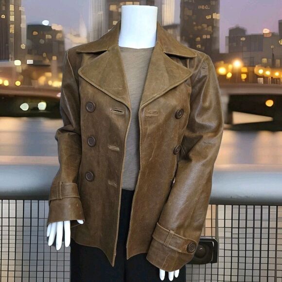 Retro New York & Company Double Breasted Leather Jacket Women XS/S Caramel - Picture 1 of 11